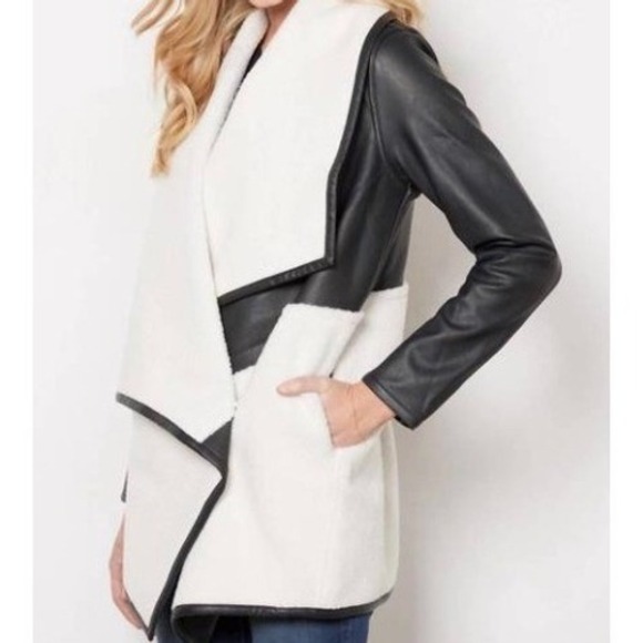 NWT SPANX Fleece & Faux Leather Long Wrap Jacket Very Black Snow Drape Front - Picture 2 of 11